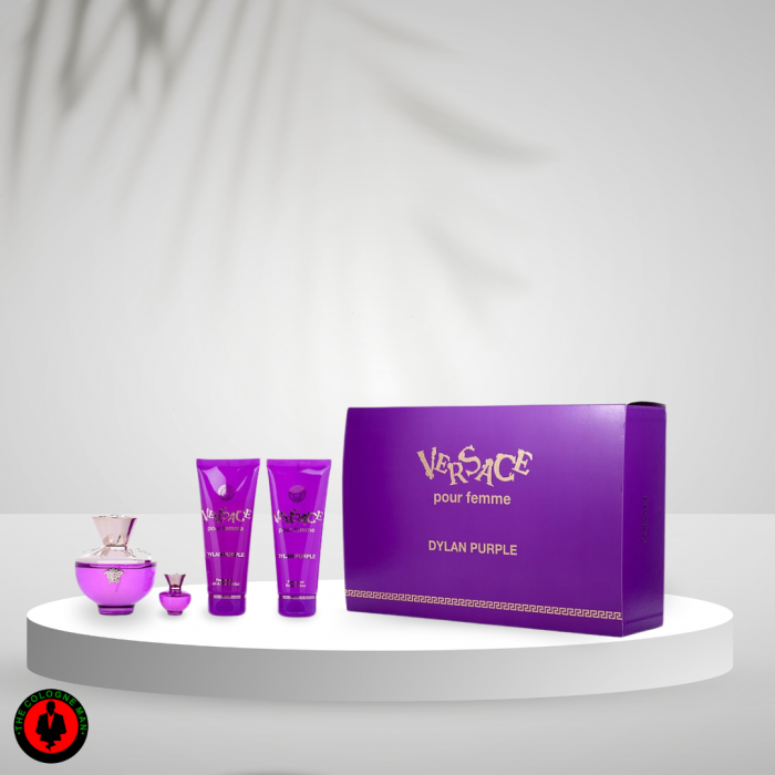 Versace Dylan Purple for Women – 4 Piece Gift Set (3.4 oz & Body Lotion 3.4 oz & Bath & Shower Gel 3.4 oz & EDP 5ml Mini)