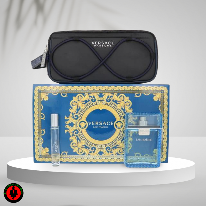 Versace Eau Fraiche 3PC Gift SET For Men 2023 (H/B) (LI FREE) (3.4oz edt sp,10ml edt sp,Trousse)
