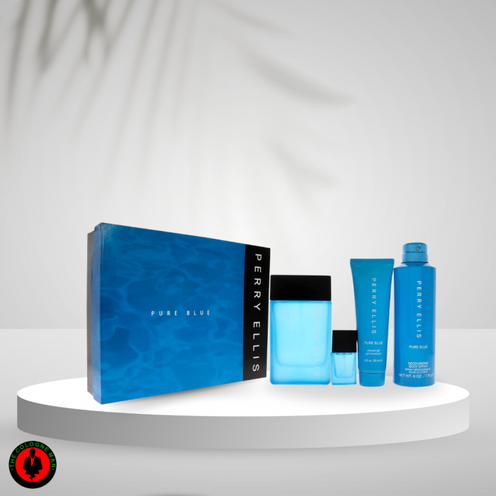 Perry Ellis Pure Blue 4PC Gift Set For Men (H/B) (LI FREE) (3.4oz edt sp,3.0oz S/G,6.0oz deo spray,0.25oz edt sp)